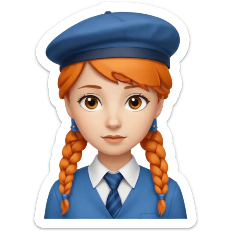 orange braided hair girl, wearing white shir, a brown berret Hat, Blue Necktie sticker