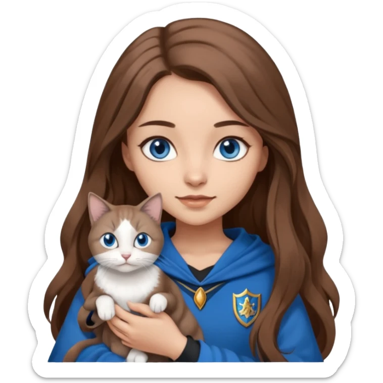 gorgeous Girl with light skin, blue eyes, long brown hair, wears a ravenclaw outfit, with a grey and white cat holding in her arms sticker
