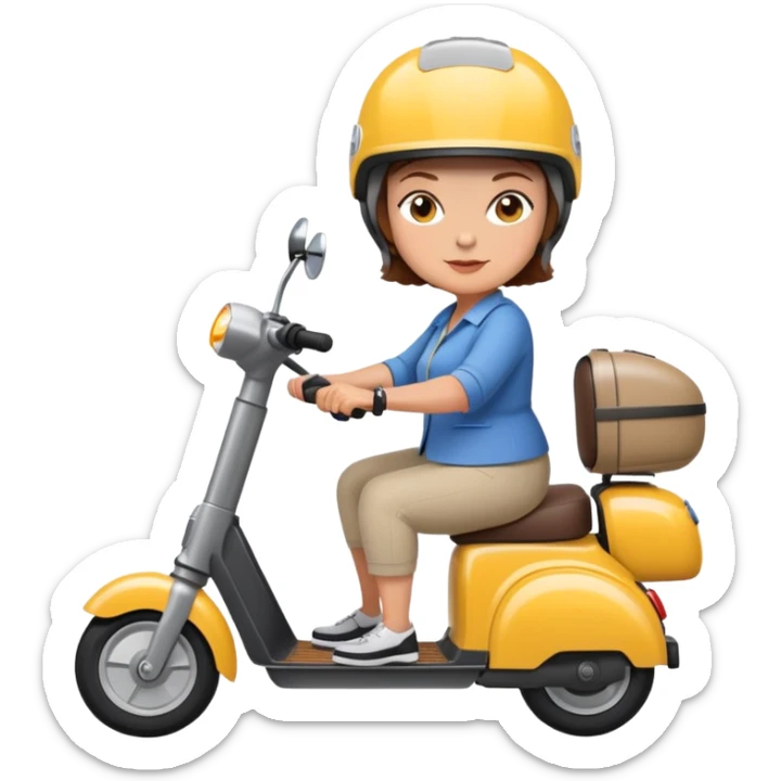 Older heavy lady with short brown hair riding a 4 wheel electric scooter wearing a helmet  sticker