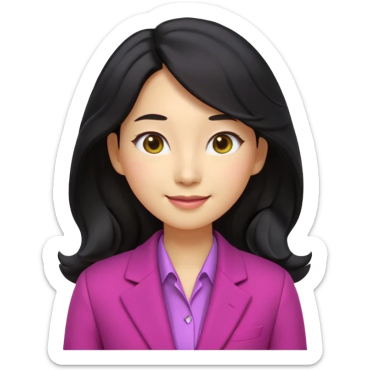 Ultra cute 3D emoji of a Korean woman, long wavy black hair, big brown eyes, small nose, warm smile, smooth pastel skin, wearing a magenta blazer over a dark top, on a solid lemon yellow background. Clean Pixar-style, soft lighting, simple shapes, no text, no background objects, high resolution. sticker