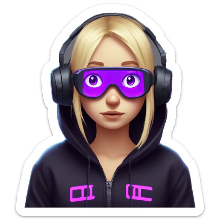 Russian cute blond student girl wearing black hoody with violet letters "OMG", in vr headset. No eyes. Cyberpunk style. Violet neon. sticker