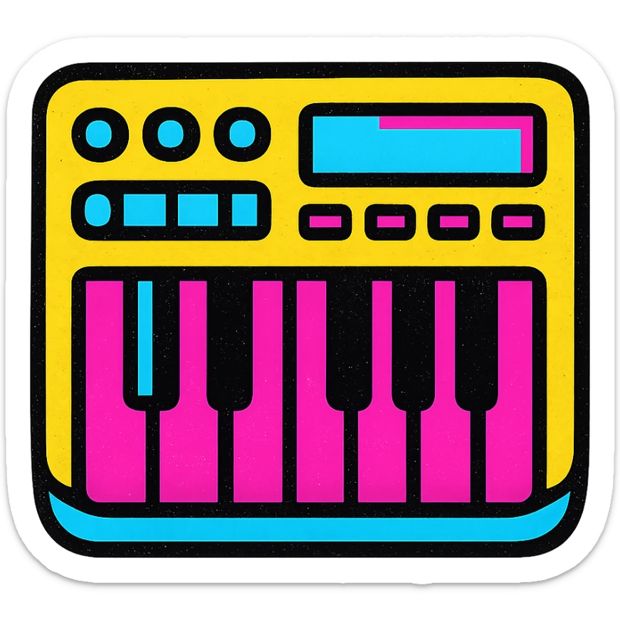 A MIDI keyboard in Pop Colors style, vibrant and colorful, with a retro feel, bright neon colors, bold outlines, and a playful design. sticker