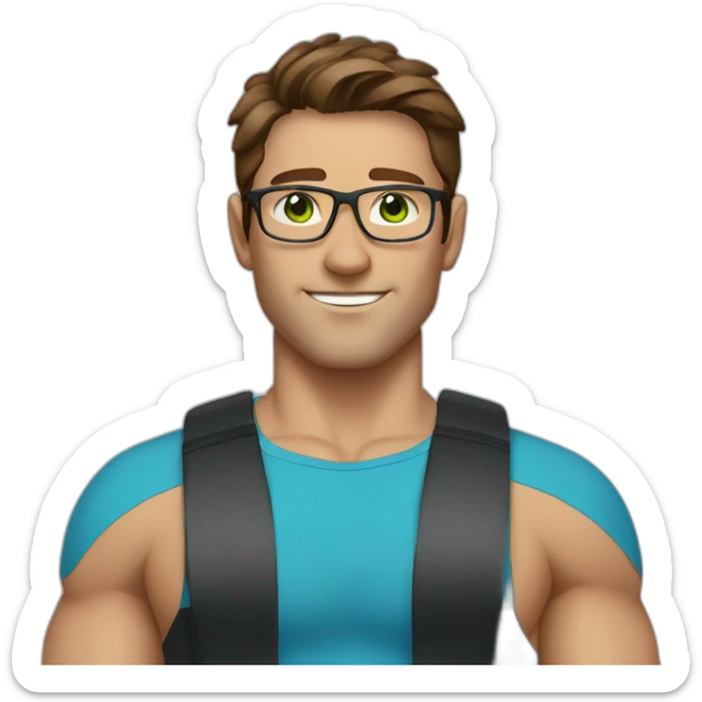 male, brown hair, green eyes, glasses, blue shirt, gym workout sticker
