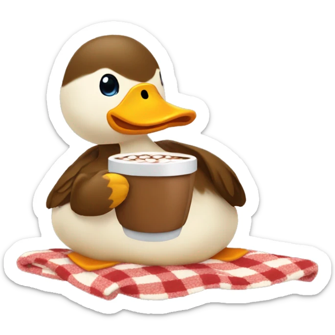 Duck with a cup of hot cocoa and a blanket around the ducks body sticker