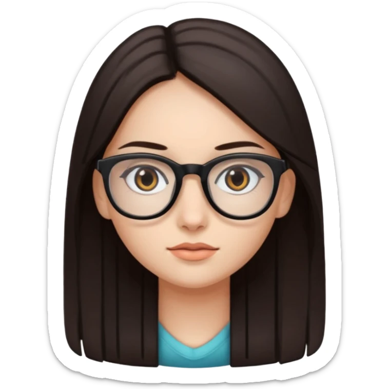 A girl with fair skin and dark brown eyes. Long, straight, dark brown hair. Black prescription glasses. sticker