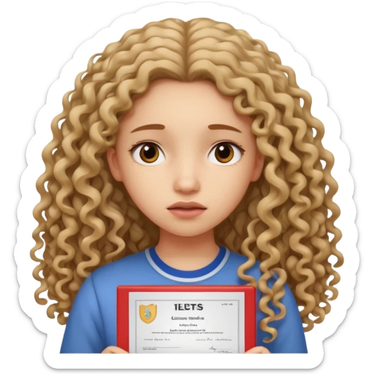 A girl with long curly hair sadly shows an IELTS certificate with a score of 3.0 sticker