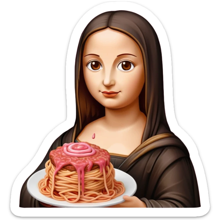 monalisa made of SPAM meat holding pink dripping sauce spaghetti portrait sticker