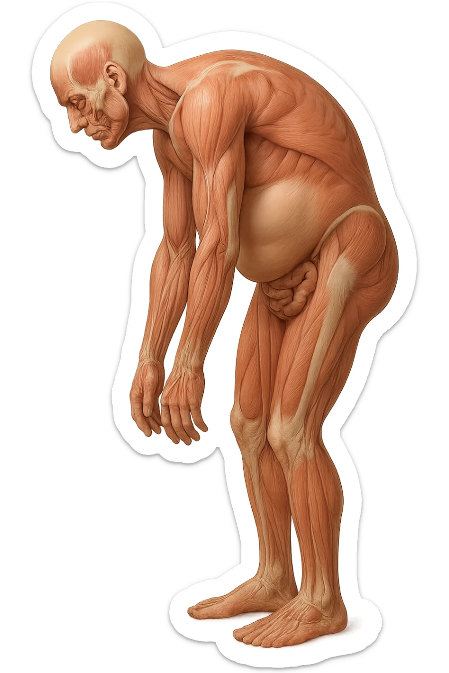 corpo umano anatomico realistico che si butta con la schiena e le spalle in avanti, pancia sporgente e postura delle spalle chiuse, isolato su sfondo bianco sticker