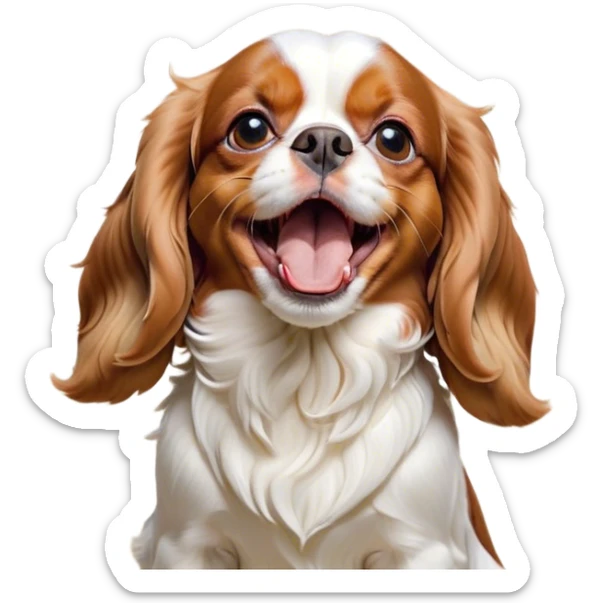 Cinematic Cute Yawning Blenheim Cavalier King Charles Spaniel Portrait Emoji, Head tilted slightly with a dramatic, wide-open yawn, soft Blenheim coat with delicate chestnut and white markings, floppy ears slightly drooping, round brown eyes barely open in drowsy contentment, Simplified yet irresistibly adorable features, highly detailed, glowing with a soft, cozy glow, high shine, relaxed yet expressive, stylized with a touch of whimsy, bright and endearing, soft glowing outline, capturing the essence of a sleepy yet affectionate companion, so drowsy it feels like it could stretch right out of the screen and curl up for a nap! sticker