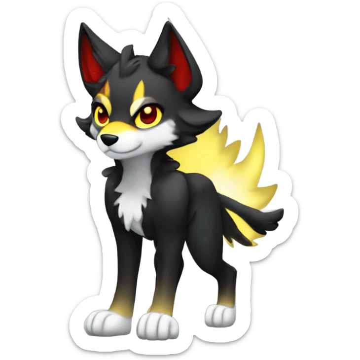 Anthro black Shiny Fionbri-Falvie-sparkle-wolf-sona with yellow eyes, red edgy markings full body sticker