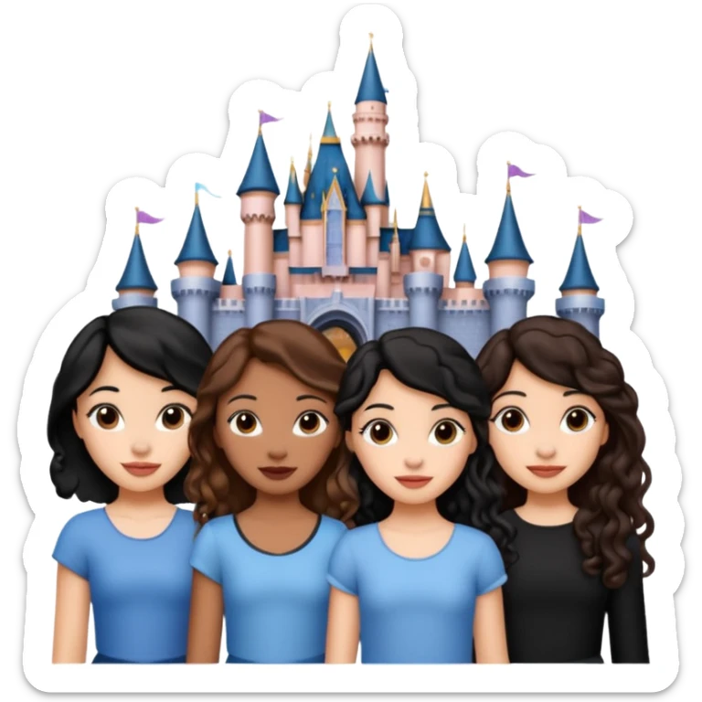 Quiero que crees una imagen donde este el castillo de Disney y por detrás o delante pon a 4 chicas: una con el pelo largo rizado marrón , otra con el pelo muy corto negro, como un chico, otra con el pelo mediano liso marrón y otra con el pelo negro largo liso  sticker