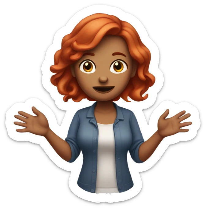 🤷‍♀️ woman shrugs and throws up her hands (like saying i don't know), darker red hair, light skin, white background sticker