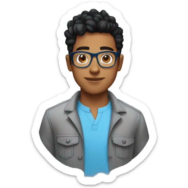 23 year old, brown man, black hair taper fade haircut, clear glasses, wide head, blue shirt sticker
