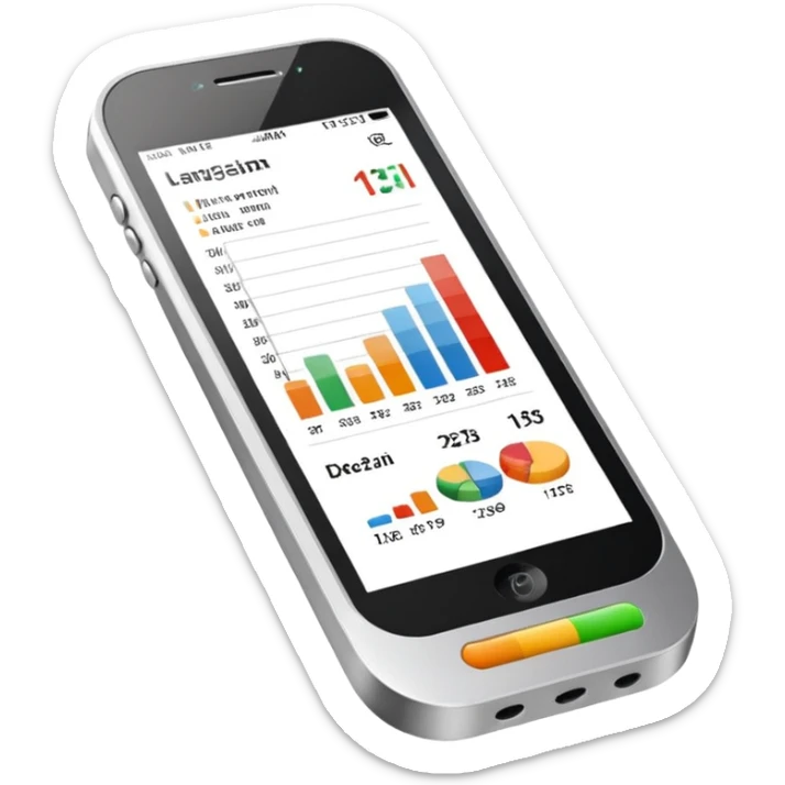 Photorealistic emoji of a compact device (handheld scanner) made of matte metal and glass. The bright, slightly reflective screen shows small colored bar charts/heatmap icons and language codes (EN, DE, 中文, العربية) plus a tiny analytics chart.  sticker
