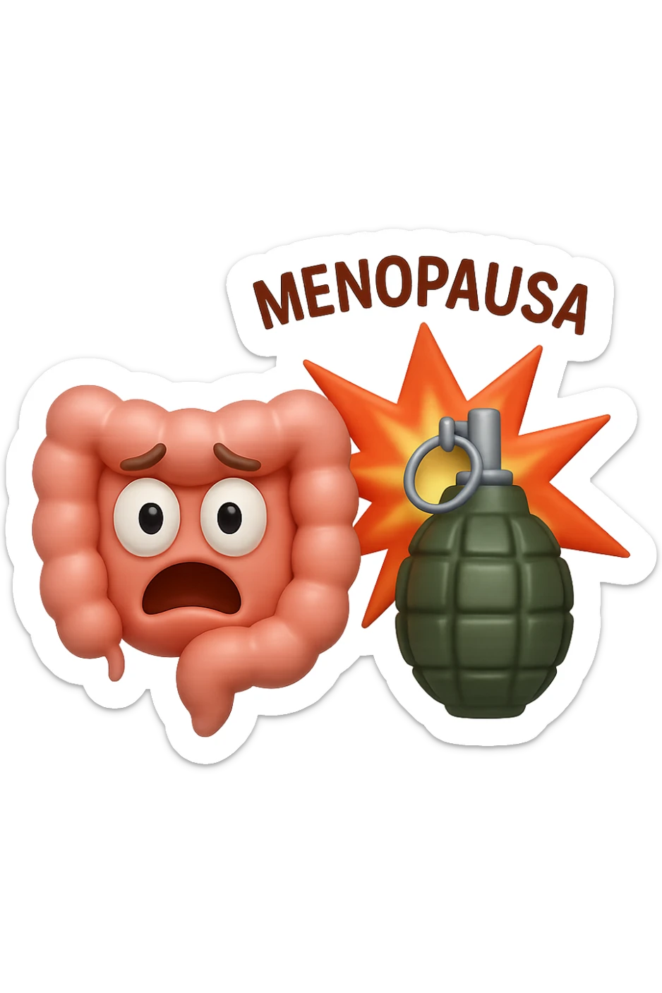 EMOJI STILE IPHONE 3D DI INTESTINO 3D CON ESPRESSIONE SPAVENTATA IN VOLTO MENTRE ACCANTO A LUI SCOPPIA UNA GRANATA 3D CON LA SCRITTA "MENOPAUSA" SOPRA, FAGLI ANCHE LA PARTE BIANCA DEGLI OCCHI, NON SOLO LA PUPILLA sticker