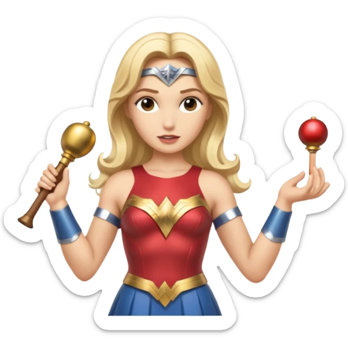 Blonde Wonder Woman holding bell and short white orchestra conductor’s baton  sticker