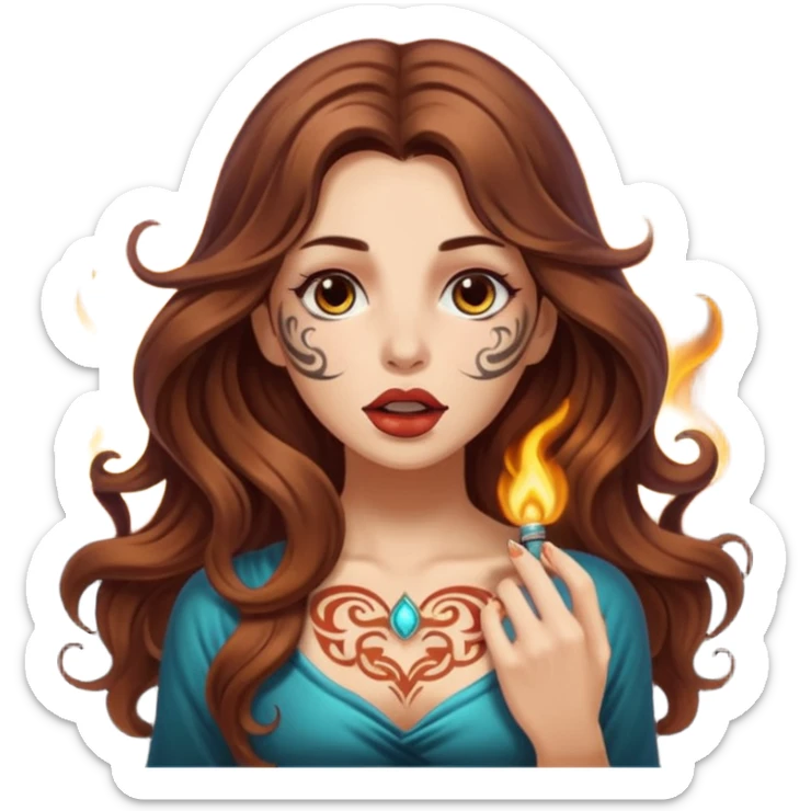mystic woman long wavy brown hair tattoos warm breath glow from mouth sticker