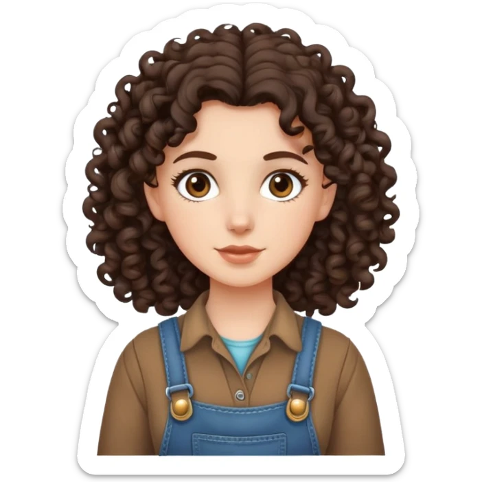 white girl with very curly dark brown hair, brown eyes, wearing farm clothes sticker