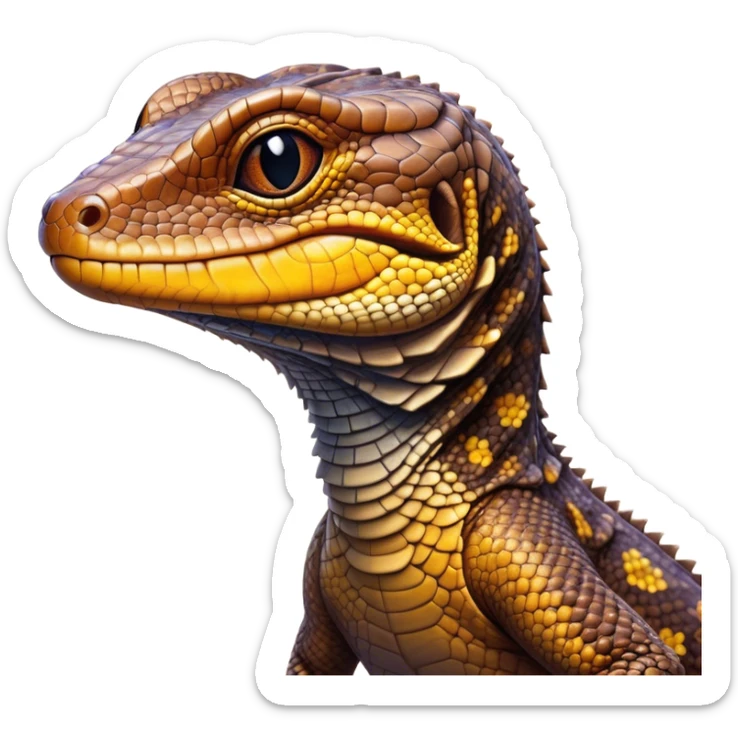 Cinematic Cute brown camo spotted monitor Lizard Portrait Emoji, Head tilted playfully and inquisitively, with a sleek, patterned body accented by vibrant hues and round, sparkling eyes full of wonder, Simplified yet irresistibly adorable features, highly detailed, glowing with a warm, friendly glow, high shine, affectionate and lively, stylized with a touch of exotic charm, bright and endearing, soft glowing outline, capturing the essence of a mischievous yet captivating lizard that seems as if it could scuttle out of the screen into your arms! sticker