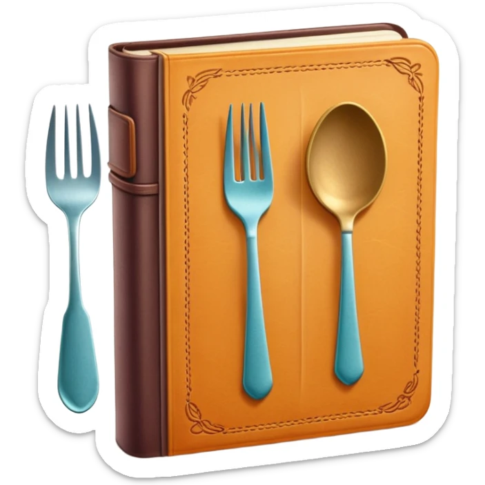 Colorful closed recipe book with a fork and spoon symbol on the cover, cookbook icon sticker