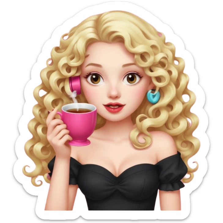 exaggerated features of woman with curly long blond hair, gossiping on a pink analogue phone, holding a tea cup, wearing an off-shoulder black top, red face sticker