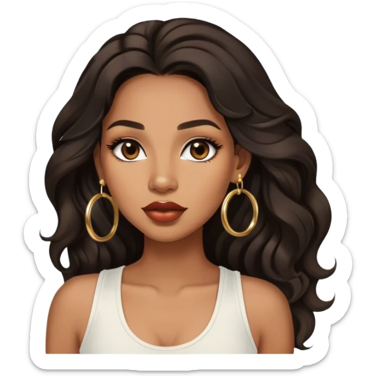 light brown skin tone, very beautiful woman, with big plump lips, long long lashes, black wavy long hair, brown eyes, white tank top, gold hoop earrings sticker