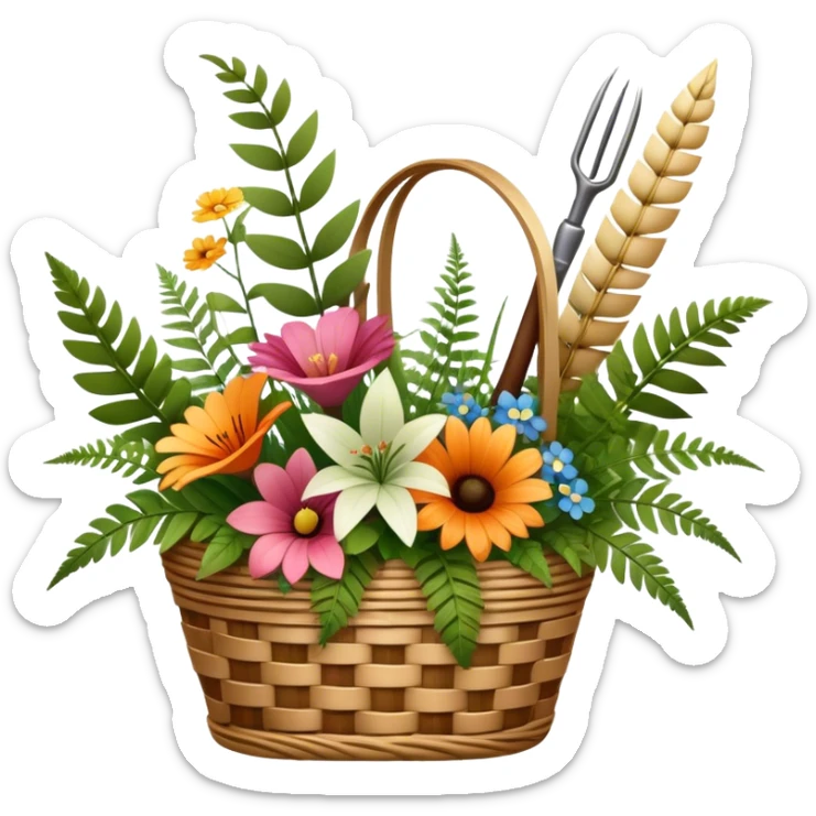 Emoji for Floristry: a bouquet of flowers in a woven basket, with reeds, ferns and floral arranging tools nearby, like scissors and a flower stem. The icon should represent creativity in flower design and arranging. Transparent background. sticker