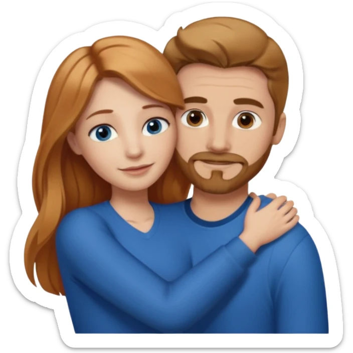 girlfriend with long dark strawberry blonde hair middle part with brown eyes giving hug to man with blue eyes, dark blonde hair and facial hair sticker
