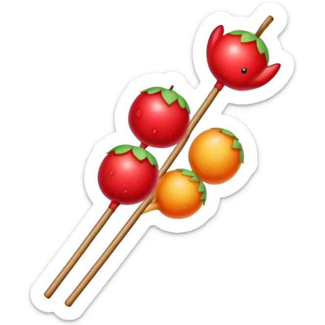 Sugar coated Chinese haws fruits crispy red snack, simplified emoji style with bold outlines and bright colors, cartoon style bingtang hulu on stick sticker