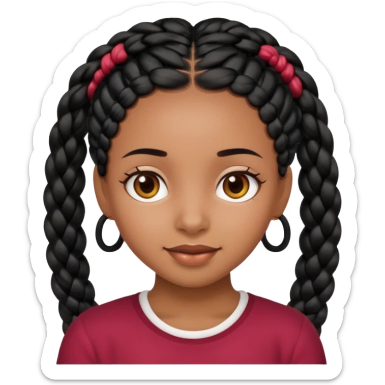 friendly black girl with neat black braids and soft brown eyes, face only, visually striking and charming, Apple emoji style sticker