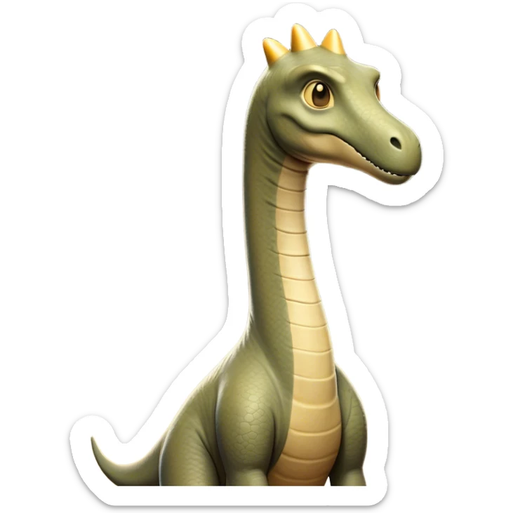 Cinematic Noble Brachiosaurus Portrait Emoji, Poised and majestic, with a towering, elongated neck stretching gracefully from a robust, column-like body, a small, gentle head with curious eyes, and subtle, textured skin in earthy tones, Simplified yet sharply defined features, highly detailed, glowing with a soft, golden radiance, high shine, intelligent and serene, stylized with an air of prehistoric grandeur, focused and calm, soft glowing outline, capturing the essence of a watchful and confident Brachiosaurus that appears ready to gracefully emerge from the screen with effortless power! sticker