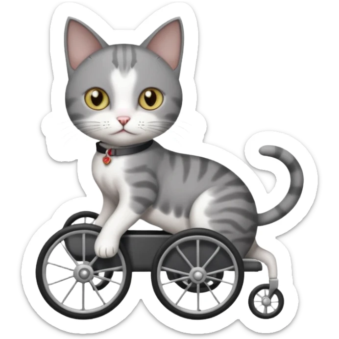 full body small short hair dark grey and white cat with hazel eyes walking in a wheelchair for cats sticker