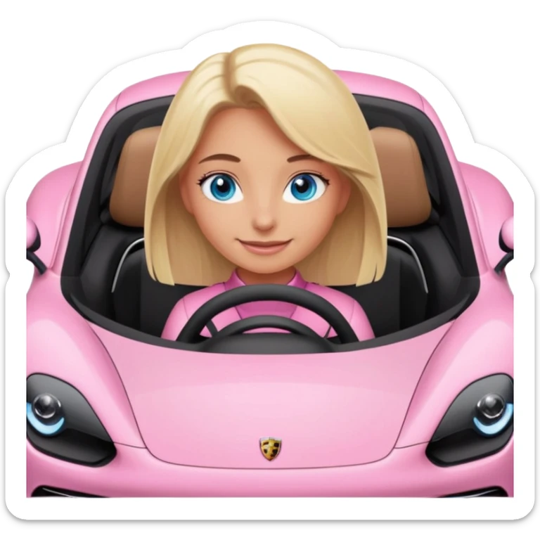 pink Porsche taycan with blonde girl, blue eyes, sitting in the car, front view point of view sticker
