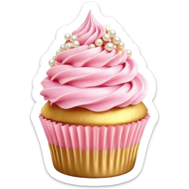 Cinematic Realistic Pink Cupcakes, fluffy pastel pink frosting swirled elegantly on top of golden cupcakes, tiny edible pearls adding a delicate touch, soft warm lighting creating a dreamy atmosphere, glowing with sweetness and charm. sticker