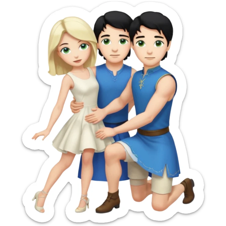 prince, upright, black Hair, blue eyes, Woman, blonde Hair, Green eyes, bending knee, sleveless White Dress, sticker