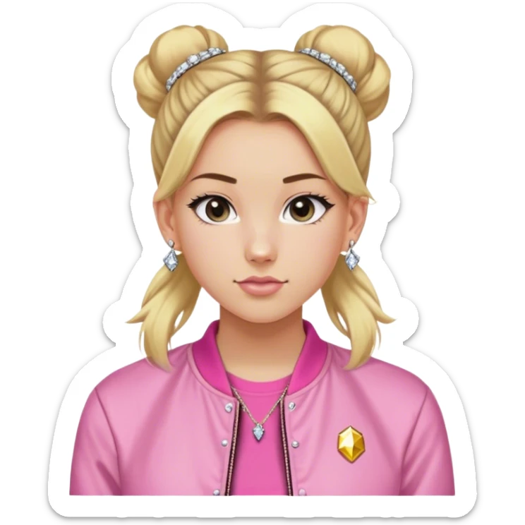 High school white girl with long blonde hair hair tied into a bun. Wearing a pink tee shirt with a bomber jacket and diamond stud earrings. She’s also wearing a short, dainty and girly (maybe 16”) gold chain sticker