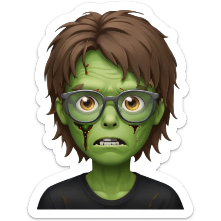 Green zombie, brown messy hair covering the forehead, black glasses, black shirt. iOS style. sticker