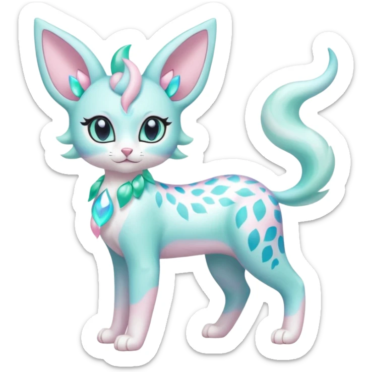Pastel Mint-Aqua Soft-Iridescent Gentle Floral-Patterned Feline Sylveon-Liepard-hybrid-creature (full body) sticker
