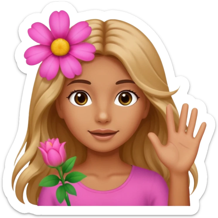 A tanned girl's face waved long hair with pink flower sticker