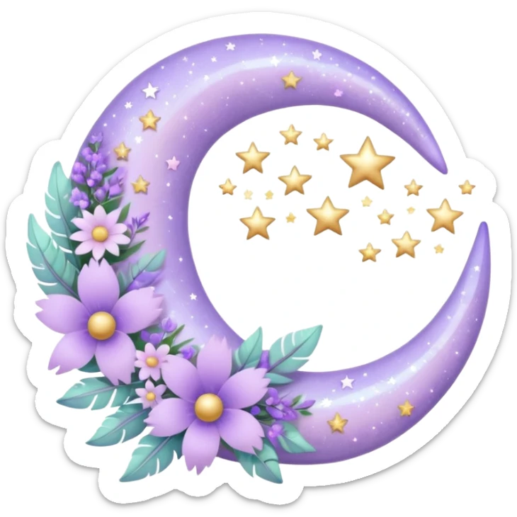 Beautiful poetic magical aesthetic sparkly glittery shiny pretty floating pastel lilac lavender Violet crescent-moon and flowers and leaves and feathers and sparkles and stars aesthetic deco sticker