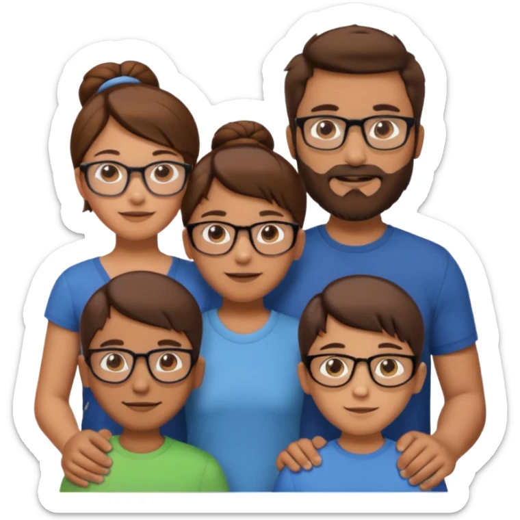 white European family standing together, man 1m80 with brown hair and beard, woman 1m60 with brown hair in bun and glasses, 10-year-old boy with short brown hair, 8-year-old girl with long brown hair, 6-year-old boy with short red hair, friendly emoji style sticker