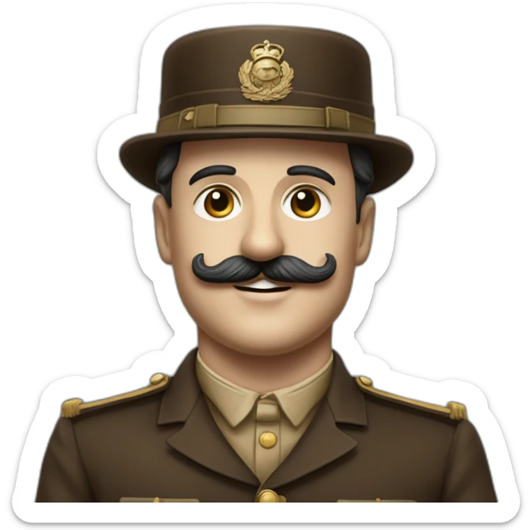 Charlie chaplin with military brown costum and very little mustach squarree, and without helemet sticker