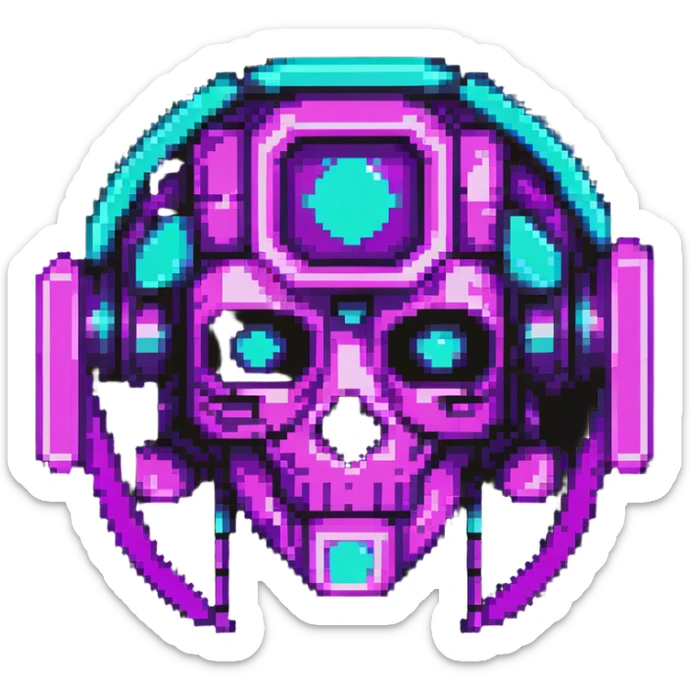 futuristic cyberpunk pixel art icon, vivid neon colors purple magenta cyan, minimal expressive design, 32x32, centered, high contrast, transparent background, no text, suitable for dark background, artist symbol sticker
