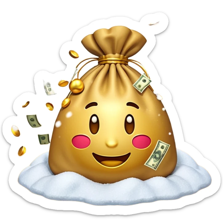 3D emoji style, money bag with dollar bills, New Year theme, snow particles, festive lighting, rich vibe, high detail, transparent background

 sticker