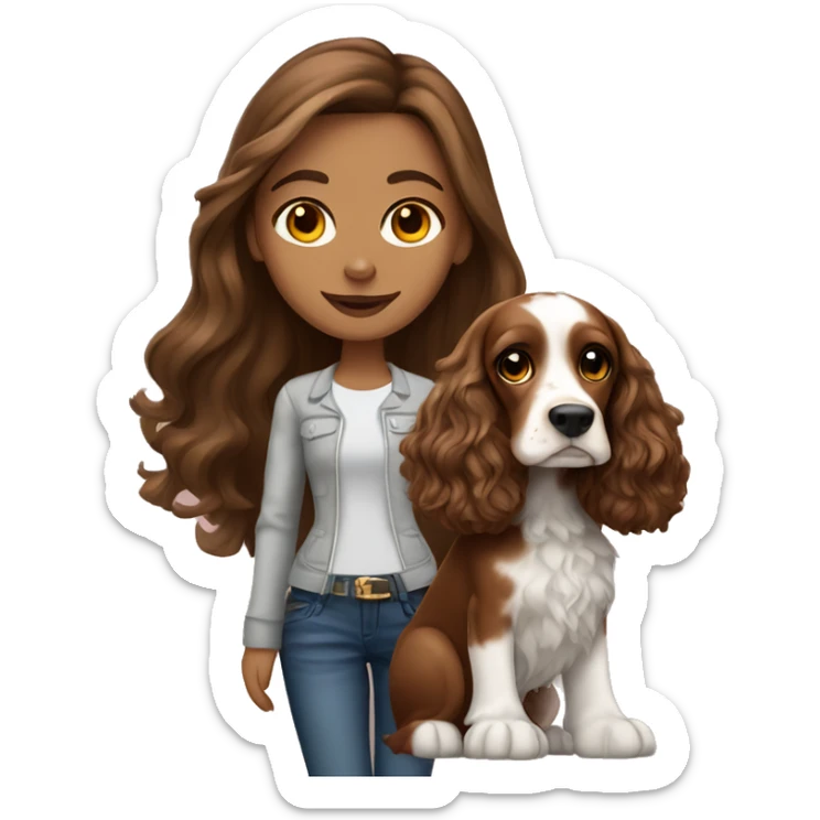 Beautiful stylish girl with with long brown hair with English Cocker Spaniel sticker