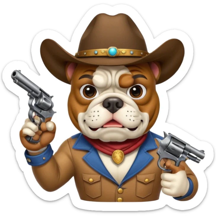 A bulldog wearing a cowboy hat, wearing a mask, pointing a revolver at you and telling you to hand over your money. sticker