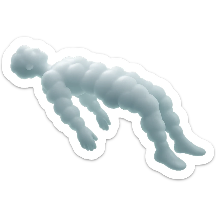 side view of unconscious person flying torso up, arms and legs down, made of small white fluffy clouds, matte glass style sticker