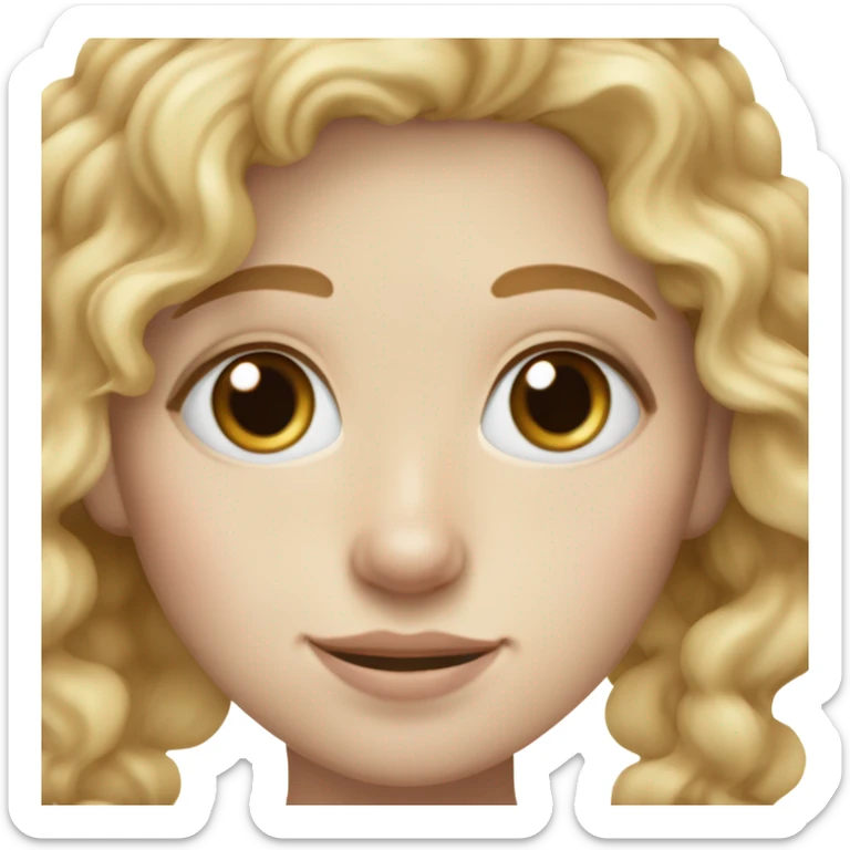 make a girl with pale skin and light freckles with one small dark freckle on the right side of her nose and one in the middle of her forehead. she has curly dirty blonde hair and blue eyes sticker