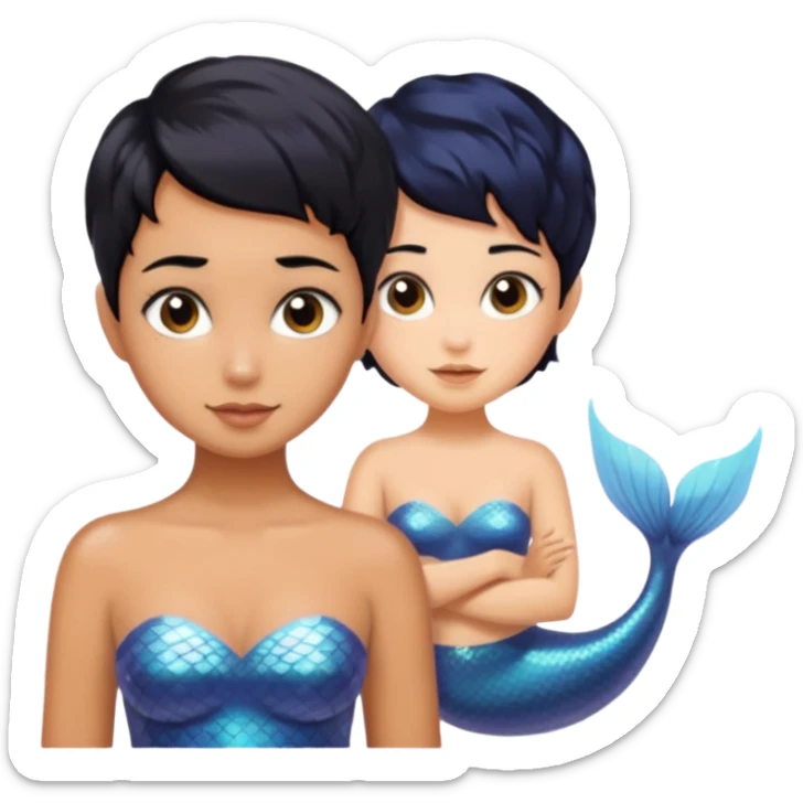 tanned skin, black haired, sibling mermaids, one with short hair and the other with pixie cut  sticker