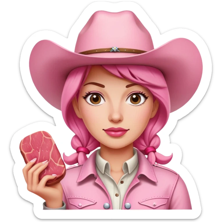 a pink cowgirl painting a SPAM meat portrait landscape  sticker